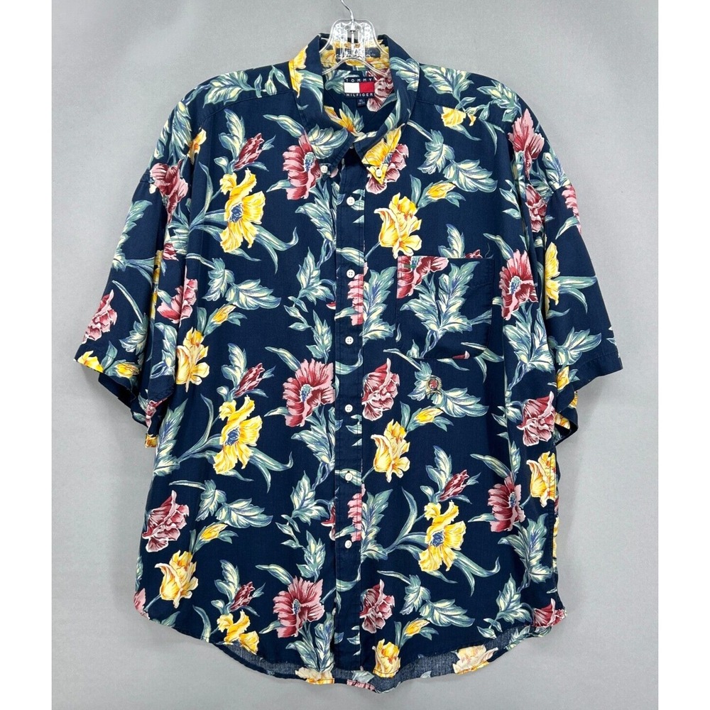Vintage Tommy Hilfiger Shirt‎ Mens XL Button Down Blue Rayon Floral Tropical 90s